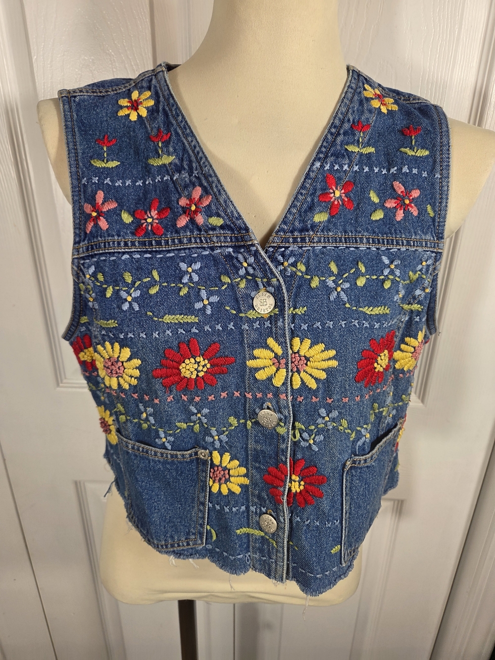 Vintage Susan Bristol Embroidered Denim Vest Floral Boho PM